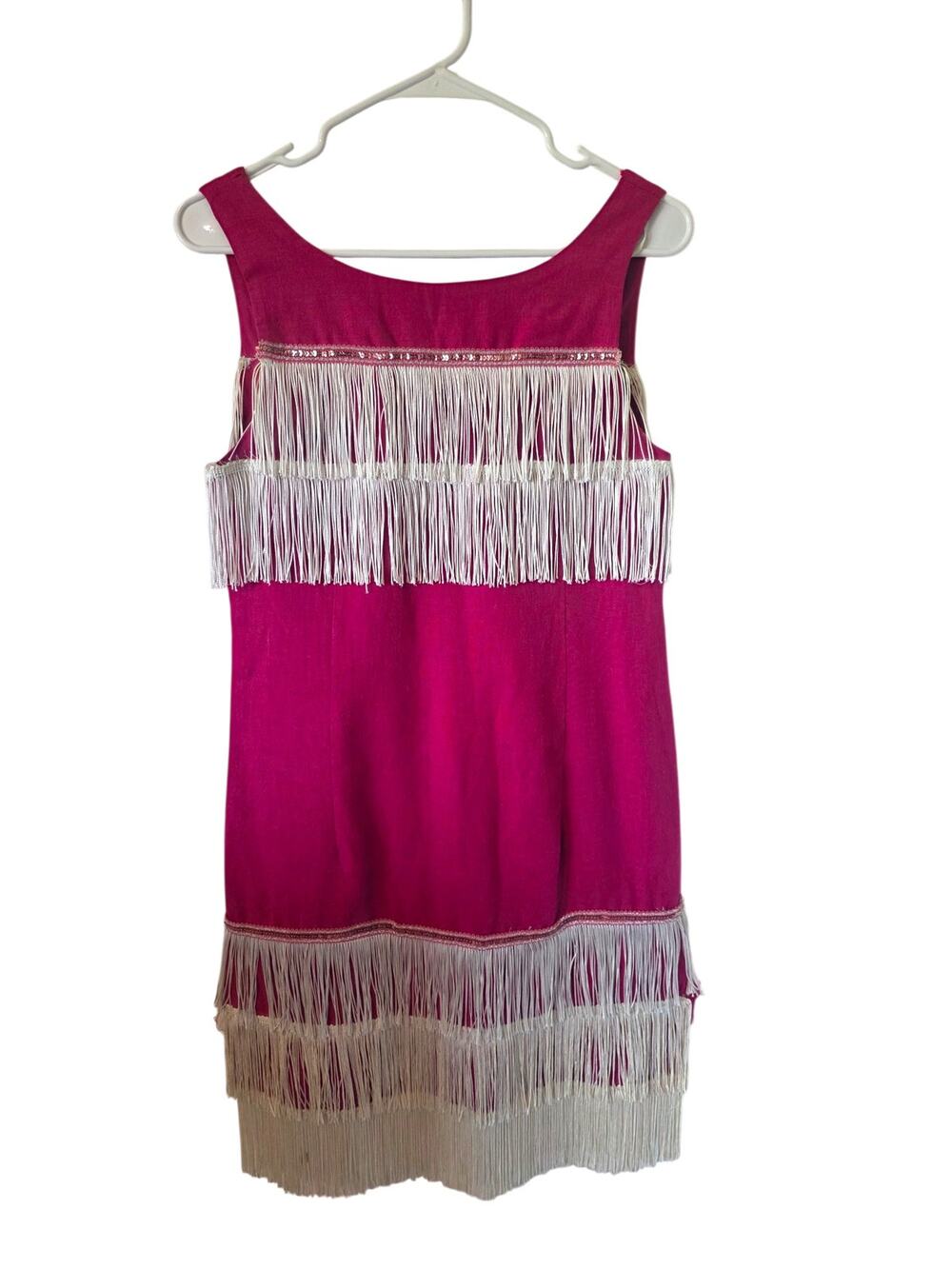 Vintage Cimmaron Womens Linen Blend Fringe Flapper Dress Size 9/10 Pink White
